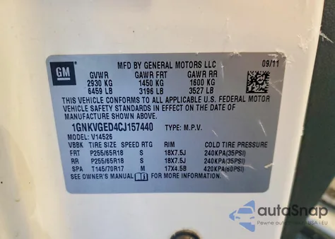 2012 Chevrolet Traverse Lt z USA, uszkodzony, nr VIN 1GNKVGED4CJ157440